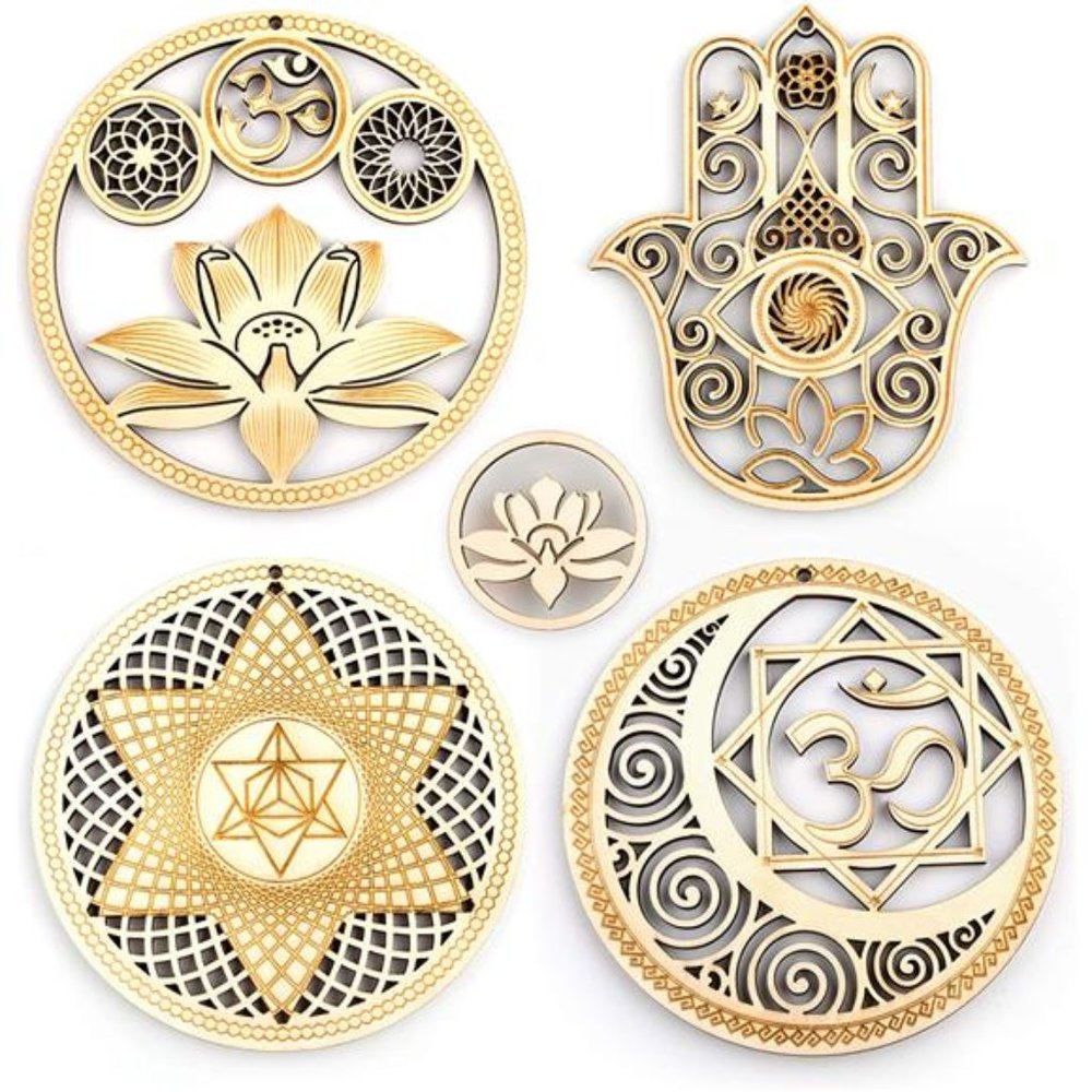 5.31" Sacred Geometry Wall Art 4 PCS Set, (Sacred Lotus, Hamsa Hand, Soul Star